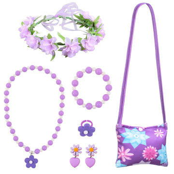 Purple Princess Costume Dress For Girls Birthday Halloween Party Dress Up With Bag Headband Necklace Earrings Ring Accessories 7
