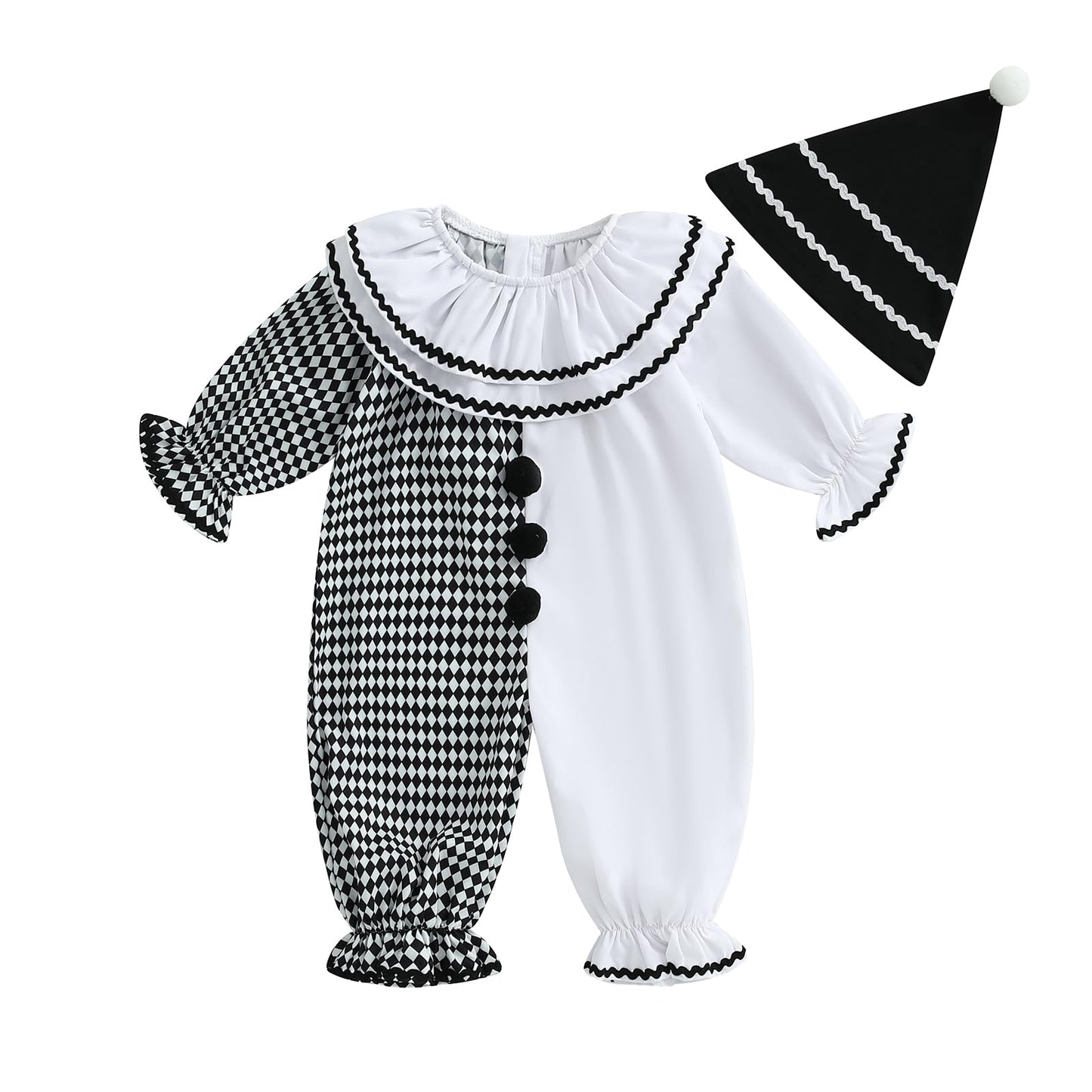 Aiwpstoin Toddler Baby Clown Costume Boy Girl Funny Halloween Outfit Contrast Color Long Sleeve Jumpsuit with Hat (White, 12-18