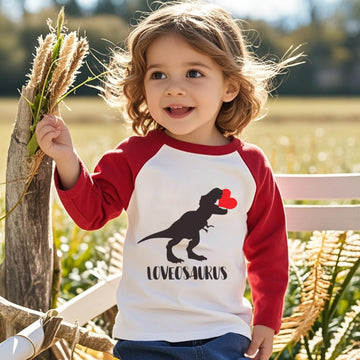 Toddler Boy Valentines Day Shirt Boys Girls Heart Dinosaur Long Sleeve Raglan Kids Shirts For Valentines Red Tops 4T