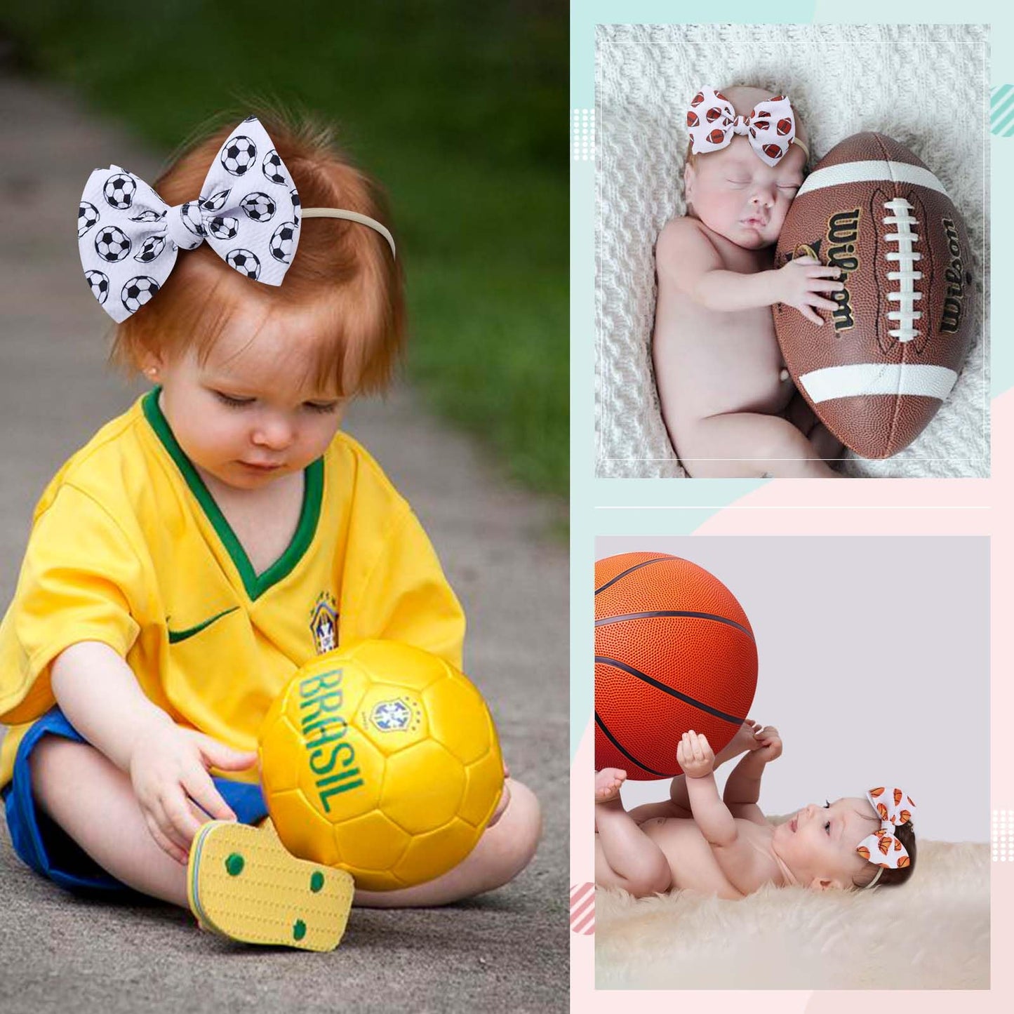 Yanjie Baby Girls Hairband - Set Of 4 Pcs Football, Basketball, Soccer, Rugby Nylon Baby Headbands For 0-6 Months Newborn Infant