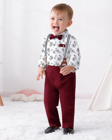 Disaur Toddler Boy Suits Gentleman Wedding Outfits,Formal Dress Shirt+Bowtie +Suspender Pants 12Months-5T(Red,12-18M)