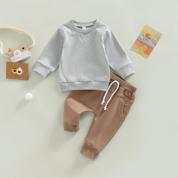 Toddler Baby Boy Clothes Set Solid Color Long Sleeve Crewneck Sweatshirt Top Casual Pants Set 2Pcs Fall Winter Outfits (Gray Cof