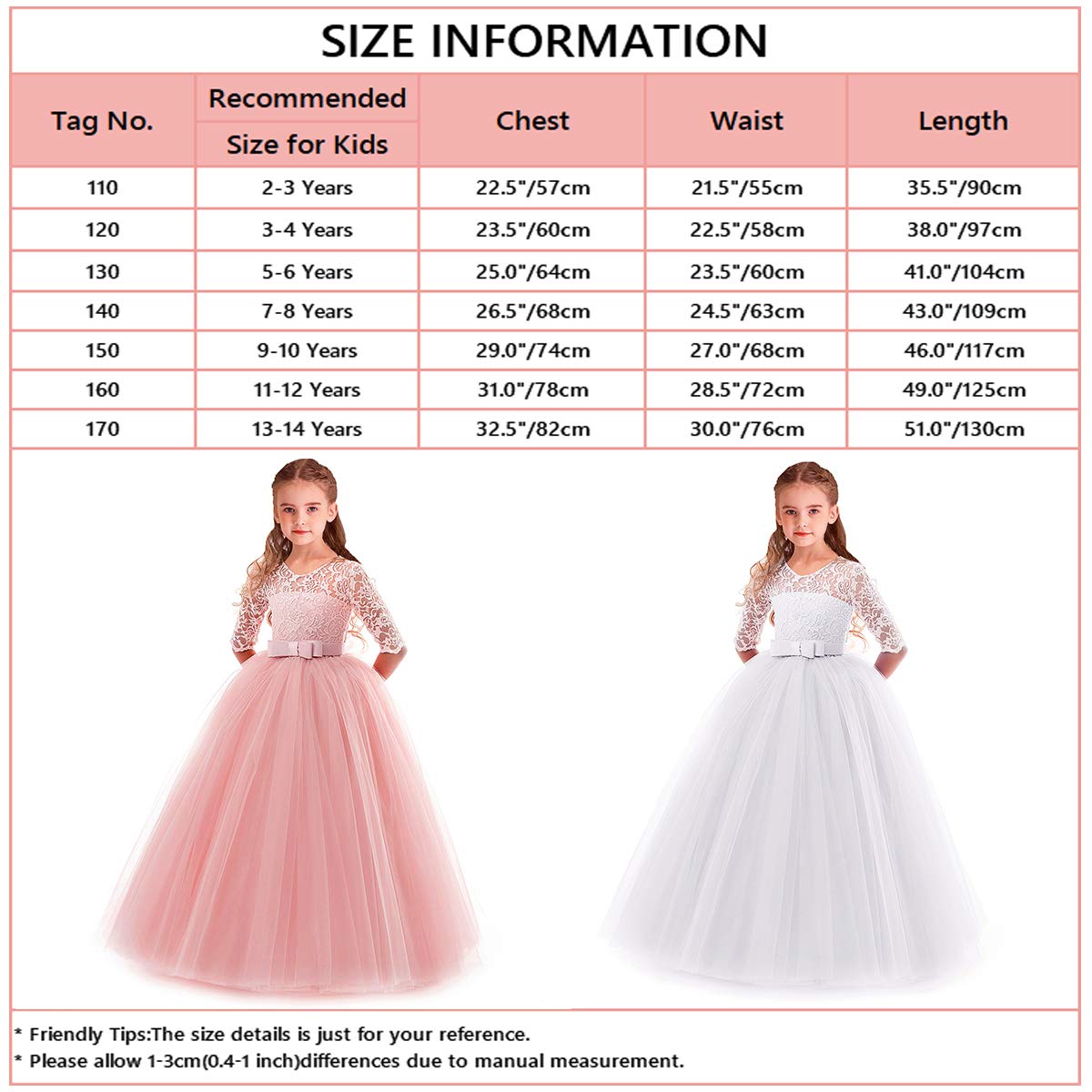 Myrisam Flower Girls 3/4 Sleeve Tulle Lace First Communion Dress Birthday Christening Pageant Wedding Party Ball Gown White 9-10