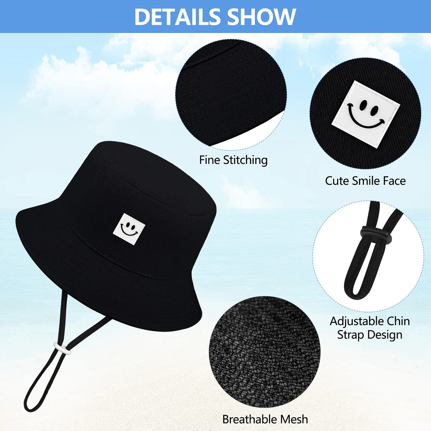 Cooraby 4 Pack Baby Sun Hat Breathable Smile Bucket Hat Toddler Sun Protective Bucket Hat Adjustable Cap For Baby Girl Boy (0-6