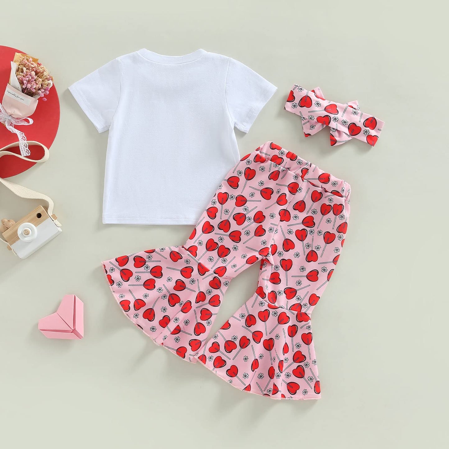 Wybzd Baby Girl Valentines Day Outfit Heart Candy Tee Shirt Top Bell-Bottom Pants Sets Cute Toddler Clothes Heart Candy 3-4T
