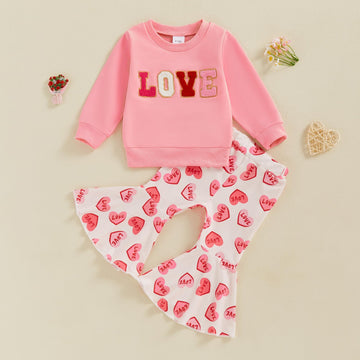 Nokpsedcb Baby Boy Girl Cute Letter Embroidery Long Sleeve Sweatshirt And Elastic Long Pants Toddler Valentine Outfits (Pink Lov