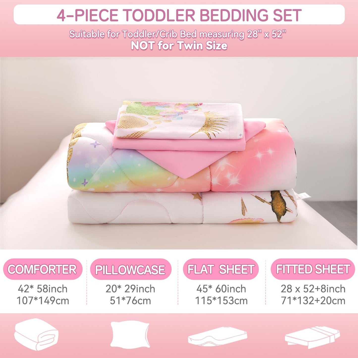 Wowelife Unicorn Toddler Bedding Set For Girls Pink 4 Piece Unicorn Toddler Bed Comforter Set Rainbow White Super Soft And Comfo