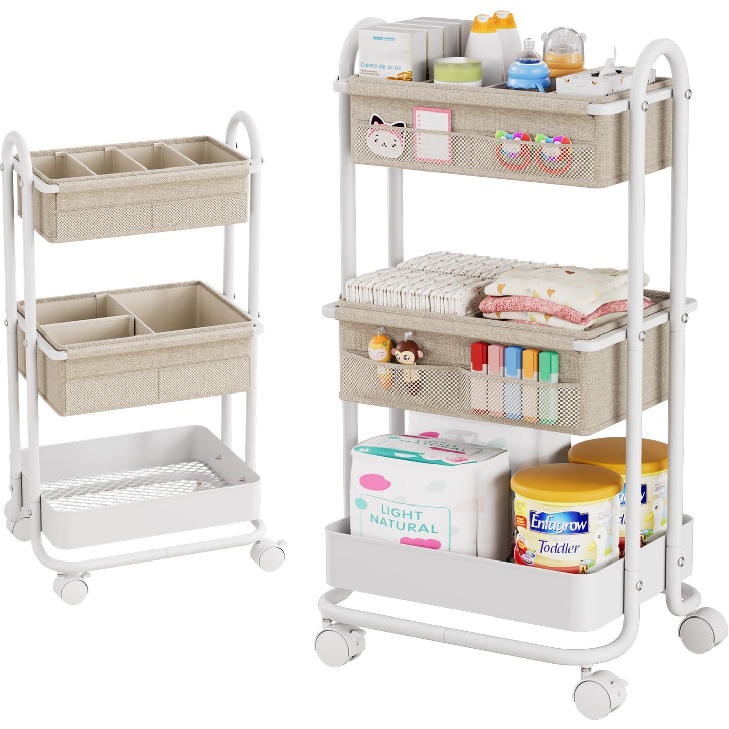 Modanais Baby Diaper Caddy Organizer Cart - 3 Tier Rolling Storage Cart with Wheels, Baby Essentials Nursery Storage, Detachable