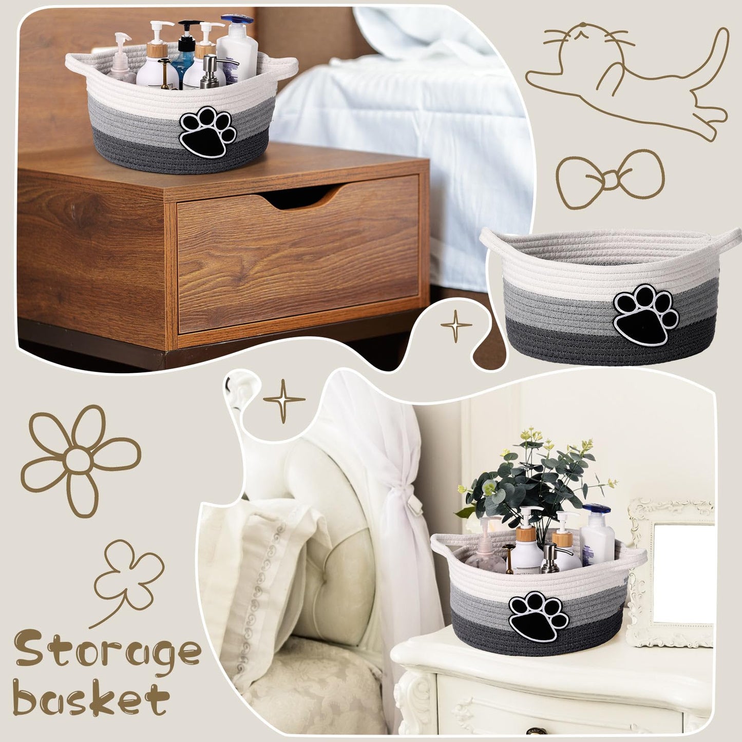 Perthlin Cute Dog Basket Cat Basket Storage With Handles Decorative Basket For Dog Toy Gift 11.8 X 11.81 X 5.91 Inch(Gray)