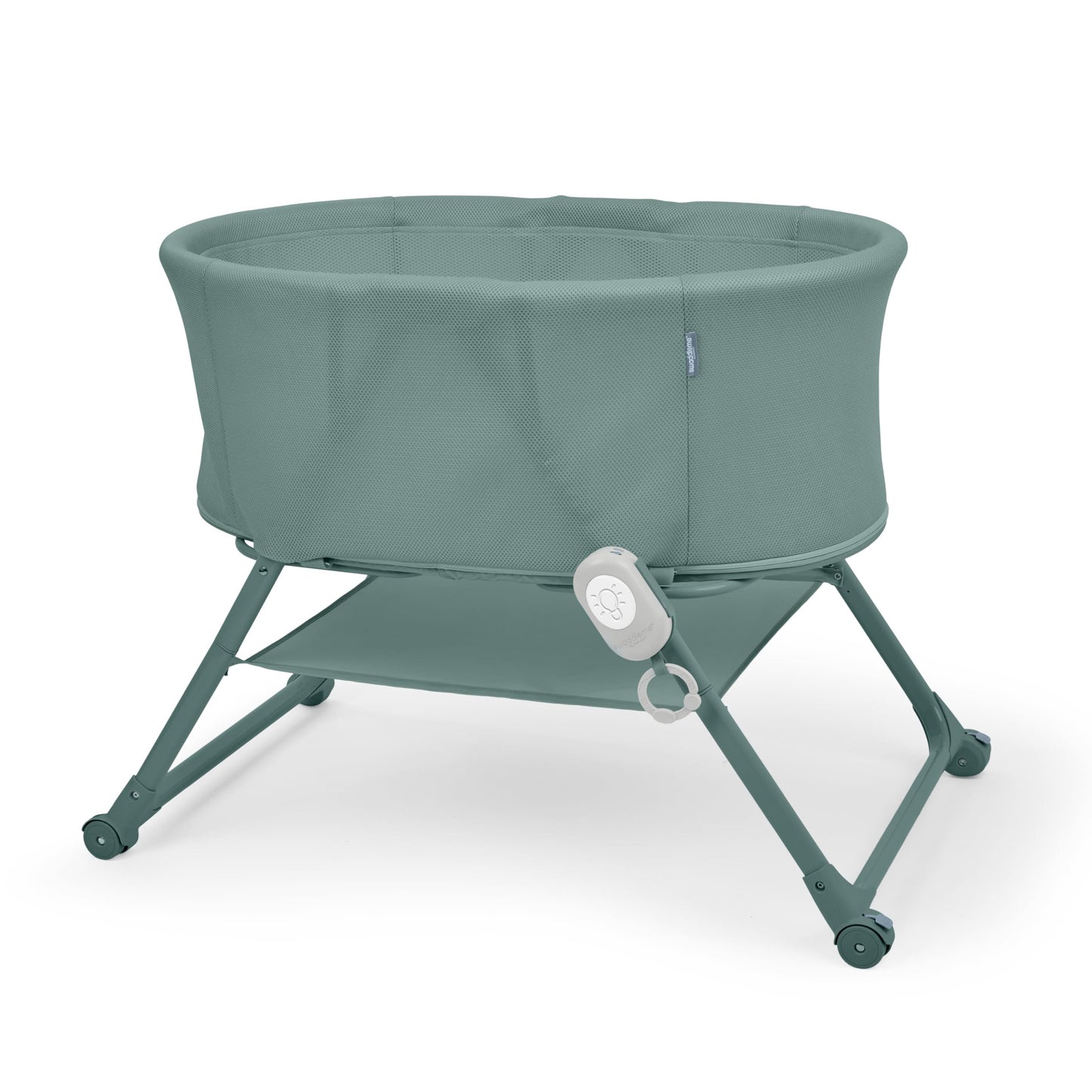 Ingenuity Snooze & Stow Bedside Bassinet for Baby, Easy-Folding Portable Bassinet with Sound, Light, Vibration, Mesh Sides, Stor