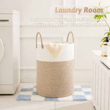 Artfeel Laundry Basket,Woven Cotton Rope Laundry Hamper,60L For Decor Storage Of Dirty Clothes,Toys And Blankets In Bathroom,Bab