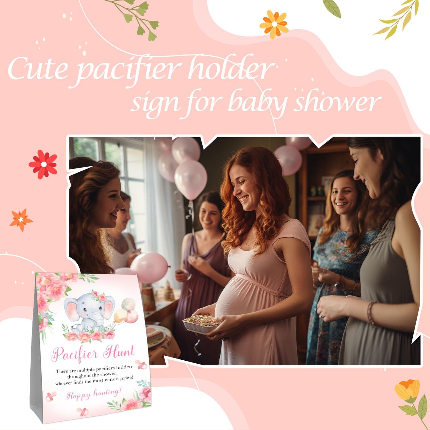 Guawubiang Pacifier Hunt Sign, Mini Pacifiers Baby Shower Game Set, 50Pcs Pink Girl Baby Shower Game Decorations Set, Cute Eleph