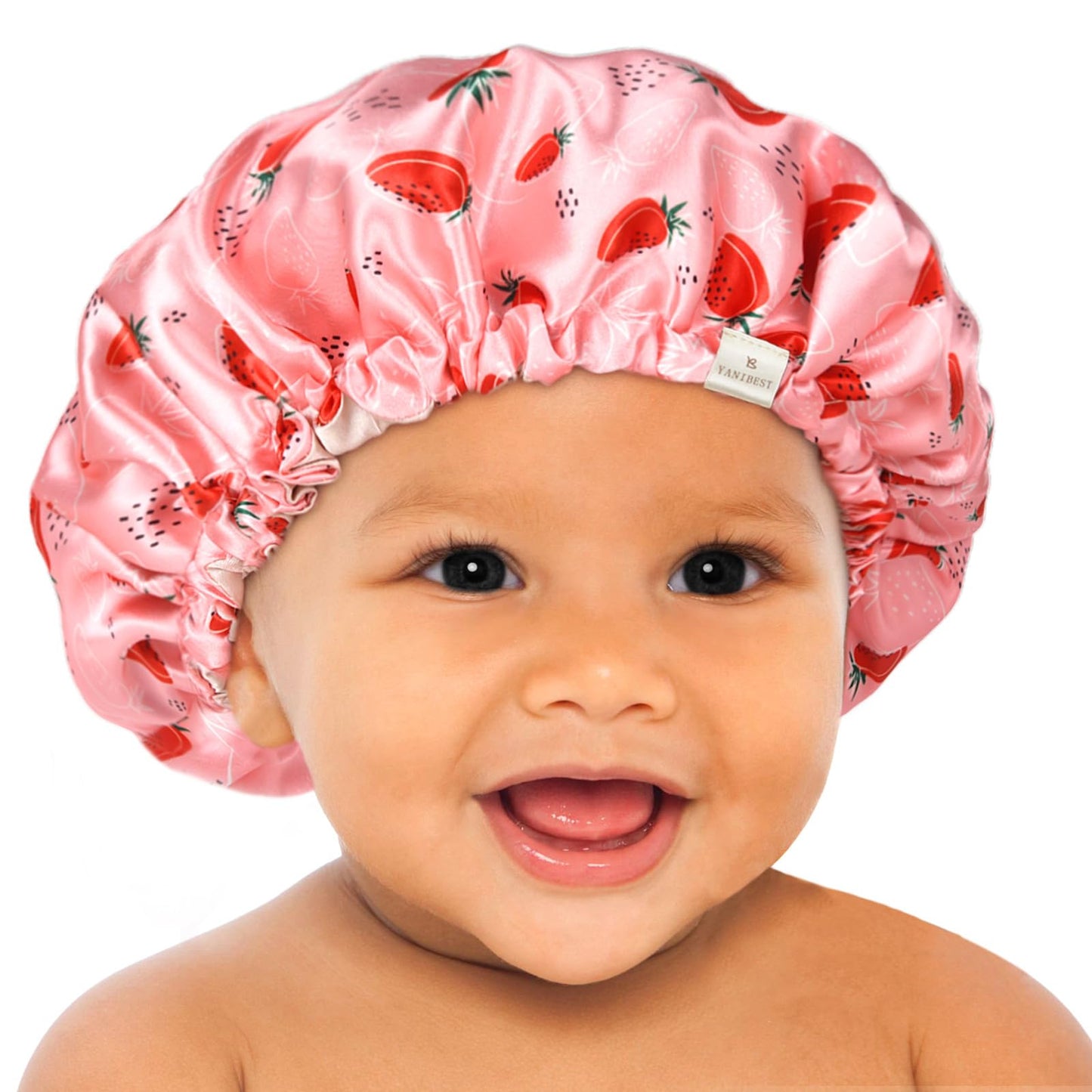 YANIBEST Baby Satin Bonnet Sleep Cap - Double Layer Reversible Adjustable Silky Satin Cap for Infant Toddler(6-36Months,Strawber