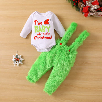 Visgogo Infant Baby Christmas Jumpsuit Set Letter Print Long Sleeve Romper Green Suspender Costume Pants (Green, 0-6 Months)
