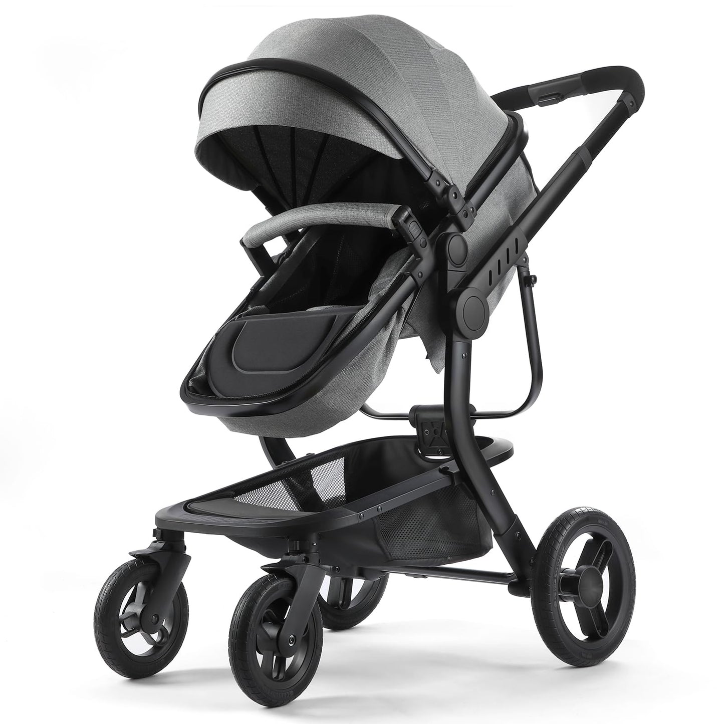 2-in-1 Convertible Baby Stroller with Aluminum Frame & Linen, Bassinet Stroller with Rubber Wheels, Foldable Infant Stroller wit