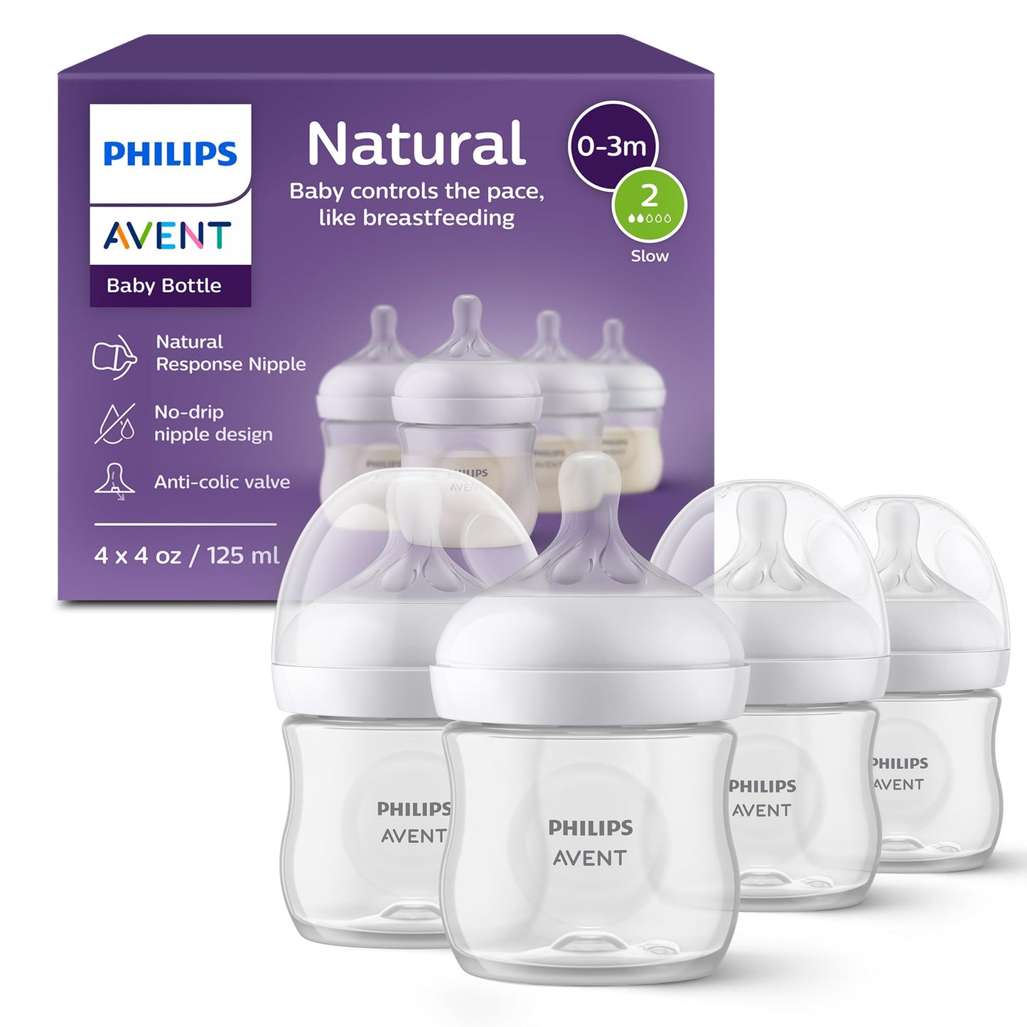 Philips Avent Natural Baby Bottles with Natural Response Nipples (Slow Flow, Flow 2), 4oz, 24-Pack, SCY900/04