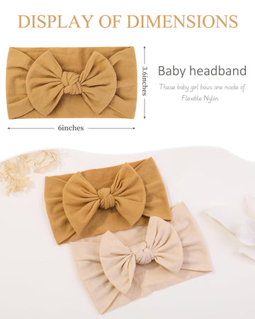 Jollybows 3Pcs Baby Nylon Headbands Hairbands Hair Bow Elastics For Baby Girls Newborn Infant Toddlers Kids (8-White+Beige+Ginge