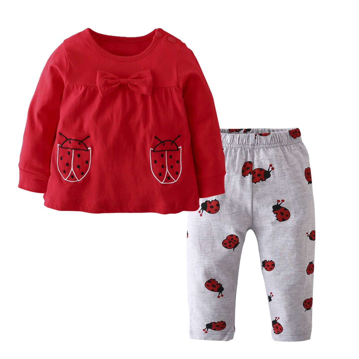 Eghunooy Baby Girls Clothes Set 2 Piece Long Sleeve Ladybug Pattern Infant Outfits (12-18 Months)