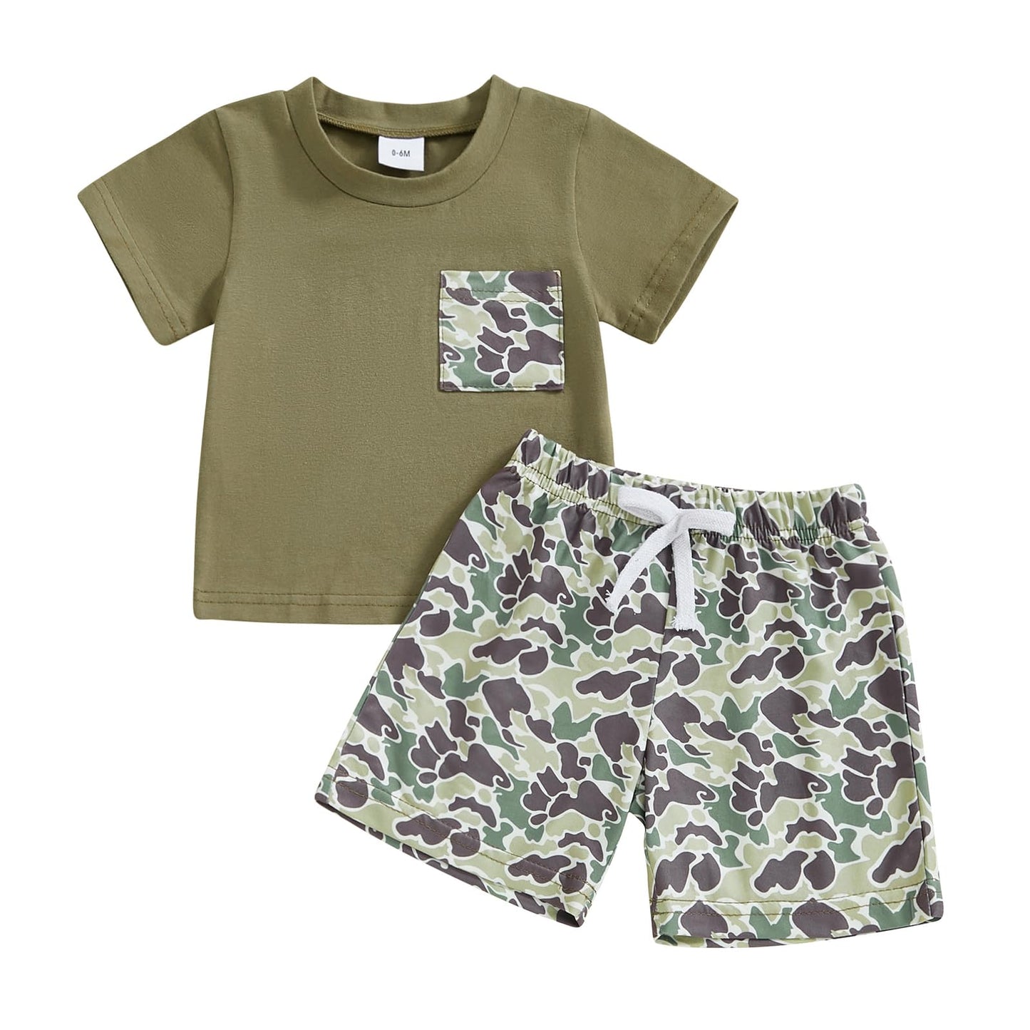 PUHHAPIEY Toddler Baby Boy Summer Clothes Retro Embroidery Duck Hunting Shirts T-Shirt + Elastic Camouflage Shorts Set (Army Gre