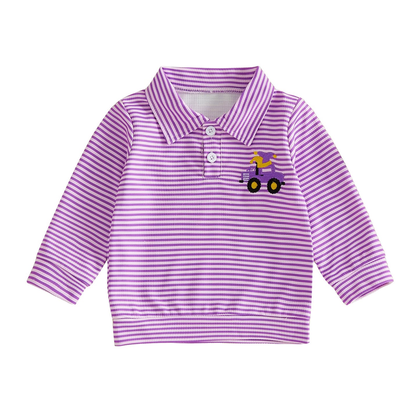 GOOCHEER Toddler Baby Boy Mardi Gras Outfit Carnival Striped Long Sleeve Polo Shirt Button Up Pullover Top (Purple, 4-5 Years)