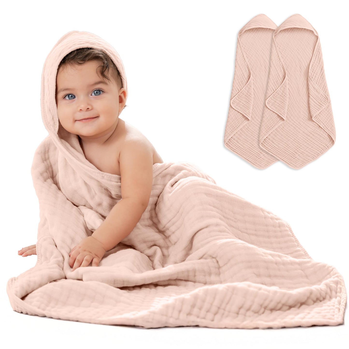 Comfy Cubs 2 Pack Baby Hooded 9 Layer Muslin Cotton Towel for Kids, Large 32 x 32 , Ultra Soft, Warm, and Absorbent. Baby E