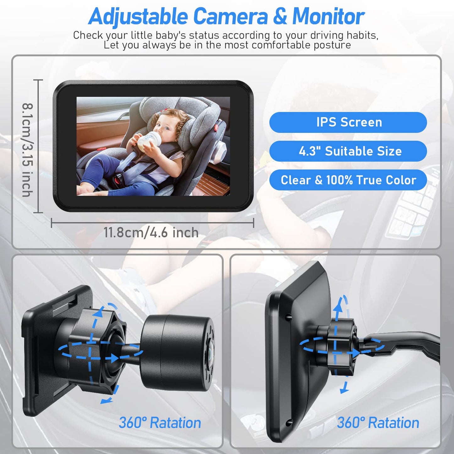 Itomoro Baby Car Camera, 4.3' Hd Night Vision Car Baby Monitor With Camera, Safety Seat Baby Car Mirror For Rear Facing 5 Mins