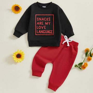 Baby Boy Fall Clothes Set Long Sleeve Letter Print Sweatshirt Pants Valentines Day Outfits 6 12 18 24 Months 2T (Snacks Black, 3