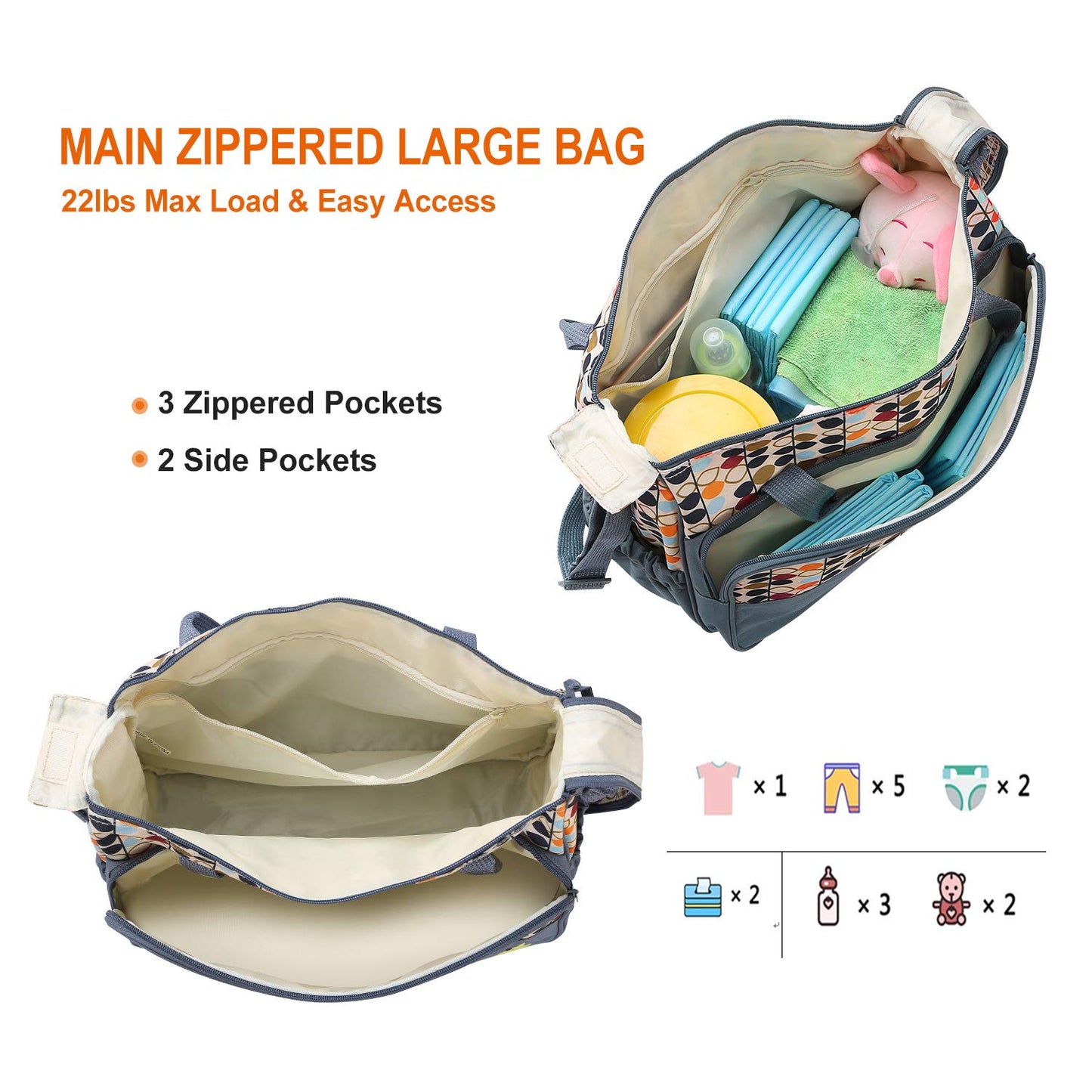 5Pcs Diaper Bag Tote Set - Baby Bags For Mom (Gray)