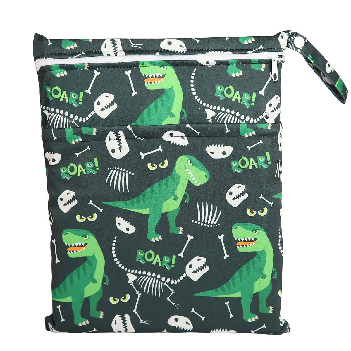 Sigzagor Wet Bag Baby Cloth Diaper Nappy Bag Reusable With Two Zippered Pockets Boys (Green Dinosaur)