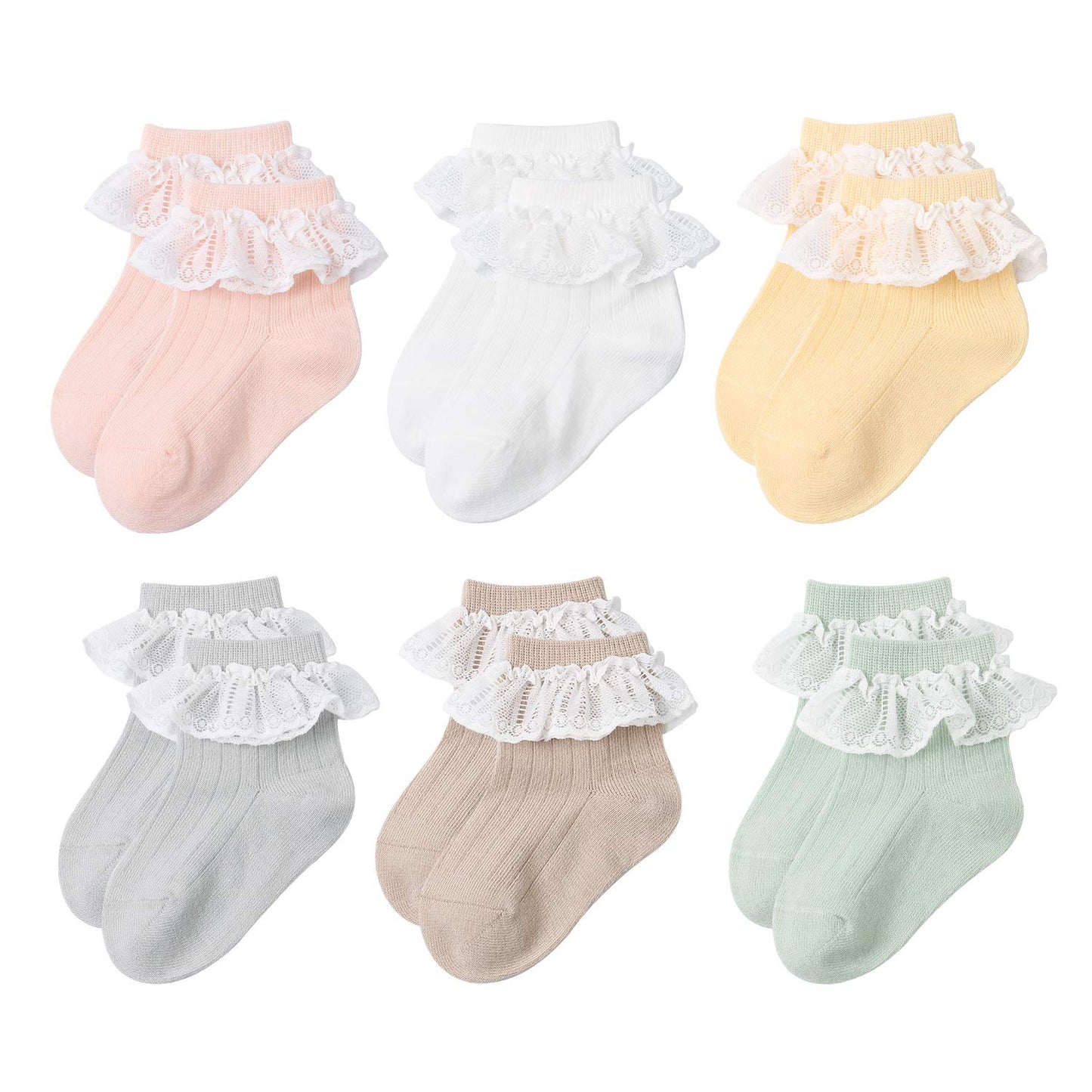 Viniknika 6 Pairs Toddler Baby & Child Girls Ruffle Lace Socks Knit Cotton Socks Newborn Infant Toddler Kids Girls