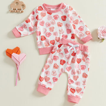Coorally Toddlers Two-Piece Valentine'S Day Outfits Baby Boy Girl Long-Sleeve Crewneck Printed Sweatshirt And Pants Sets (Pink H