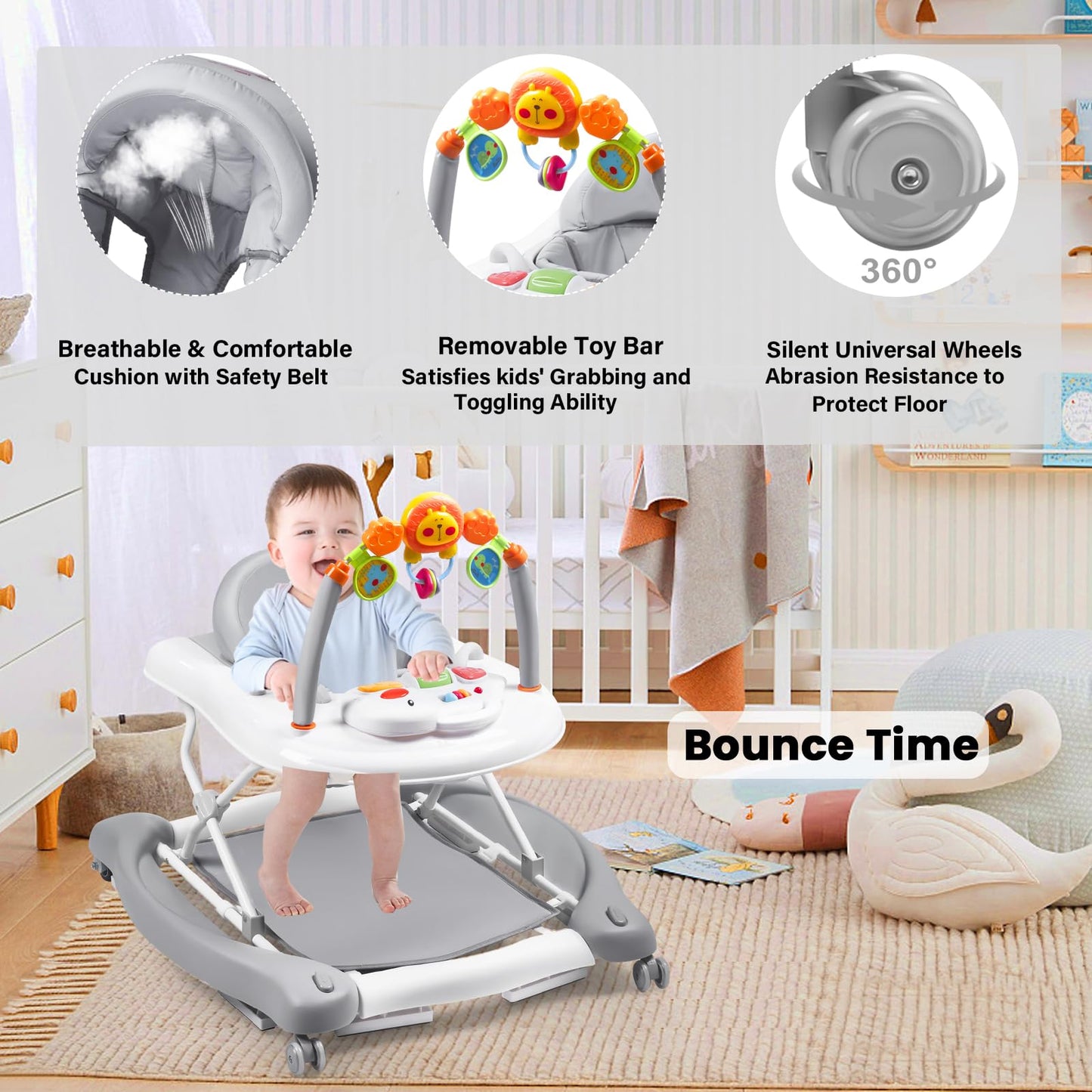 Boyro Baby Baby Walker, 5-In-1 Baby Walkers For Boys And Girls 6-12 Months With Bouncer, Removable Footrest, Feeding Tray & Musi