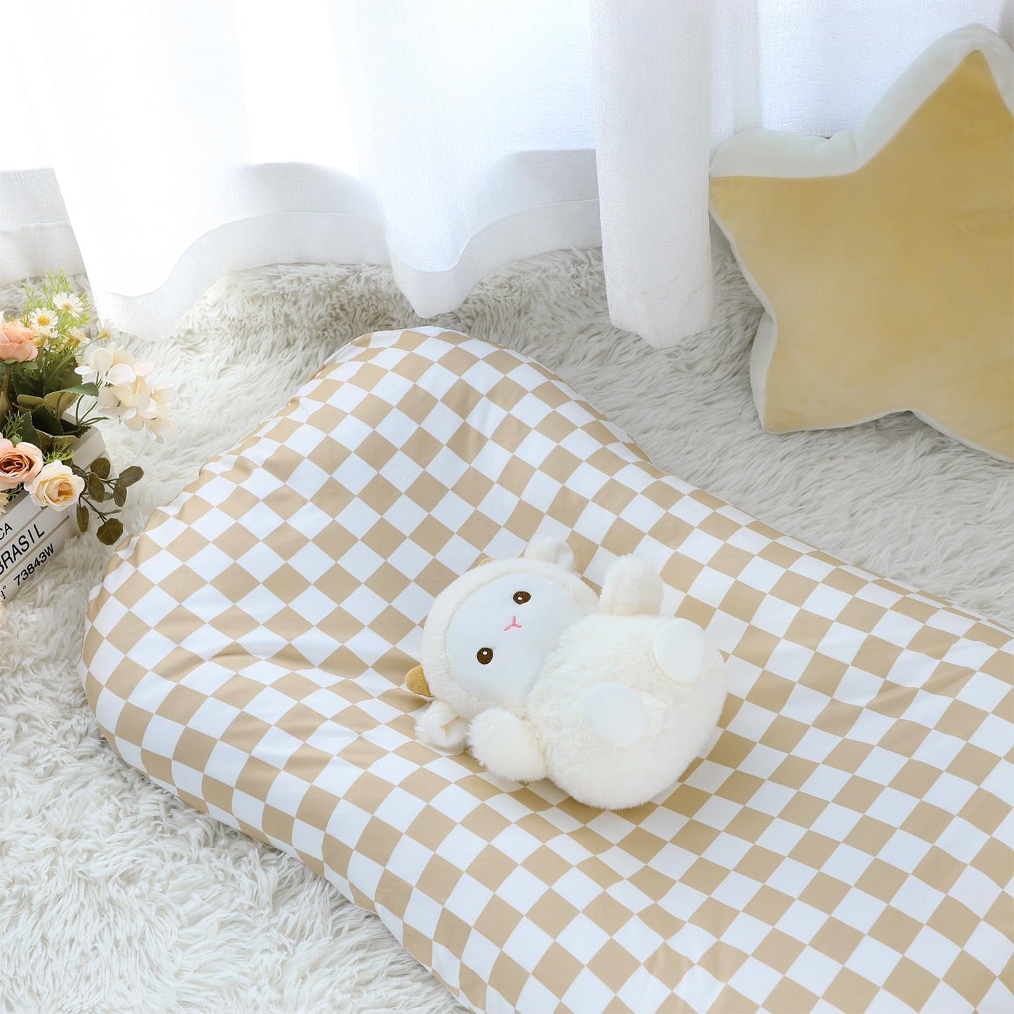 Dilimi Baby Lounger Cover For Boys And Girls, Removable Cover Ultra Soft Comfortable Lounger Slipcover, Light Brown Checkerboard