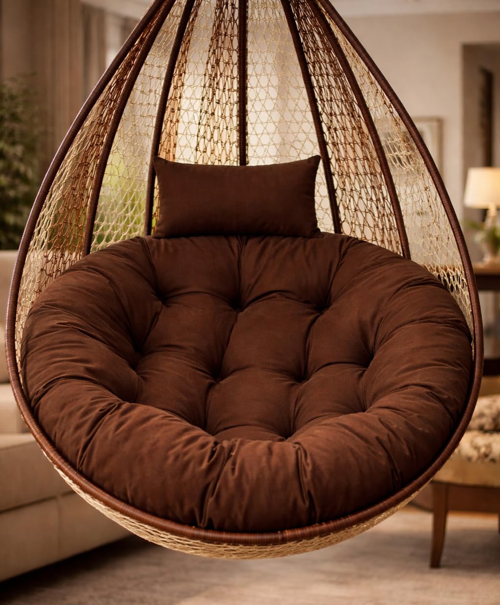 Extra Thick Hanging Egg Chair Cushion | Replacement Cushion for Swing Chair | Soft Tufted Indoor Outdoor Cushion | Brown