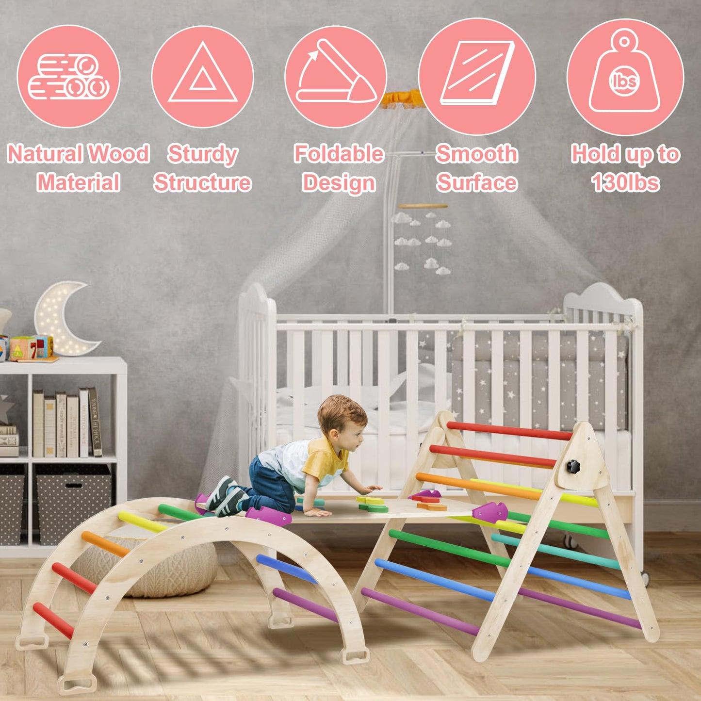 Edostory 5 In 1 Pikler Triangle Set, Indoor Playground And Gym For Kids, Foldable Wooden Montessori Climbing Set Triangle Ladder