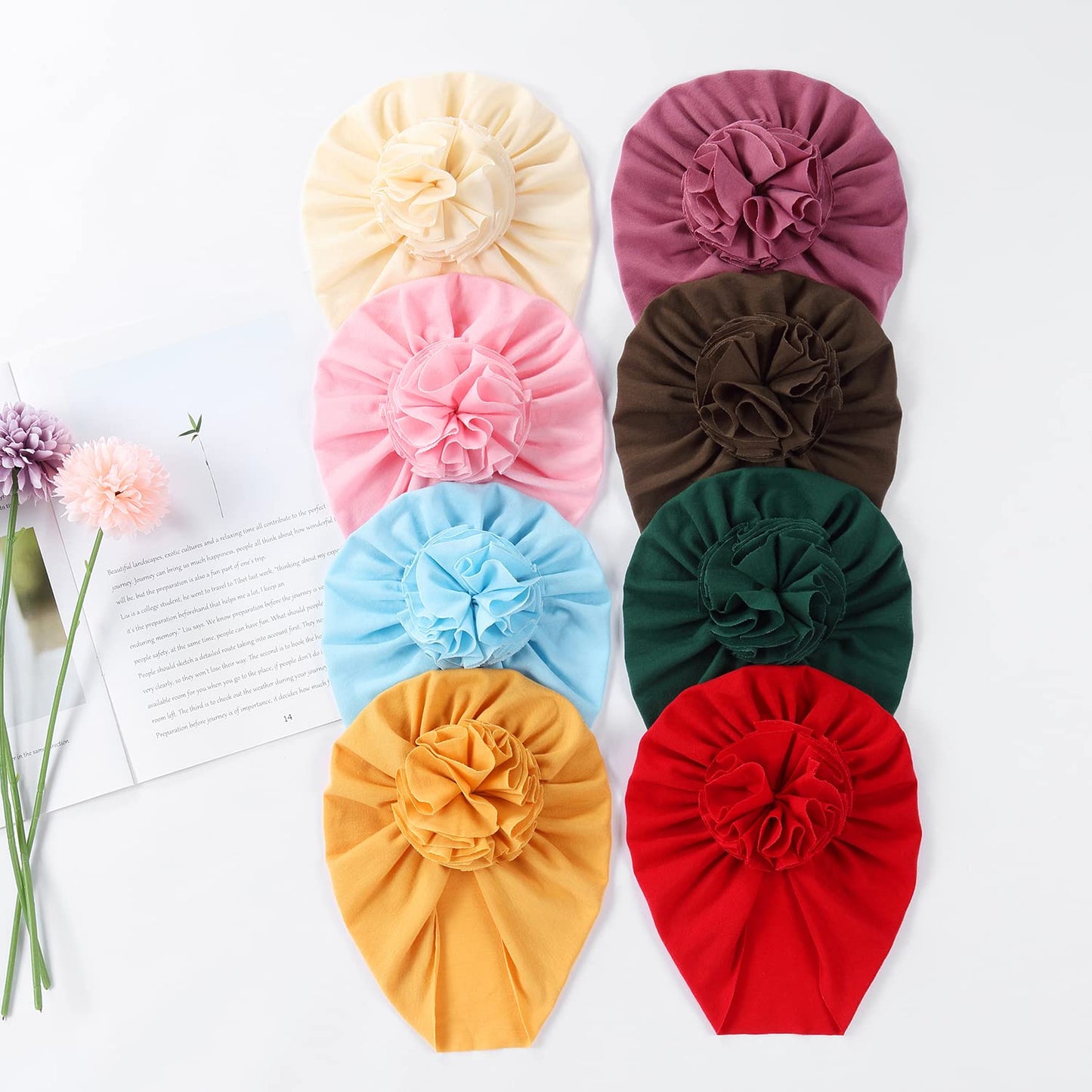 Angla 8 Pack Solid Cotton Turban Hats Large Flower Hair Bows Knot Wide Headwraps Beanie Muslim Islamic India Cap Bonnet Hat For