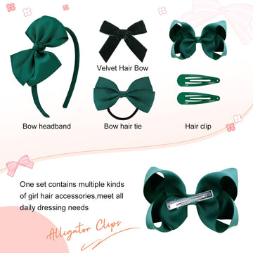 Deeka Dark Green Uniform 15 Pieces Hair Accessories Set - Hair Bows, Hair Clips, Headband, Hair Ties For Little Toddler School G