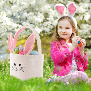 Inough Easter Basket For Kids, Fluffy Bunny Easter Baskets For Boys Girls, Easter Gifts Basket With Foldable Ears, Baby Bags For