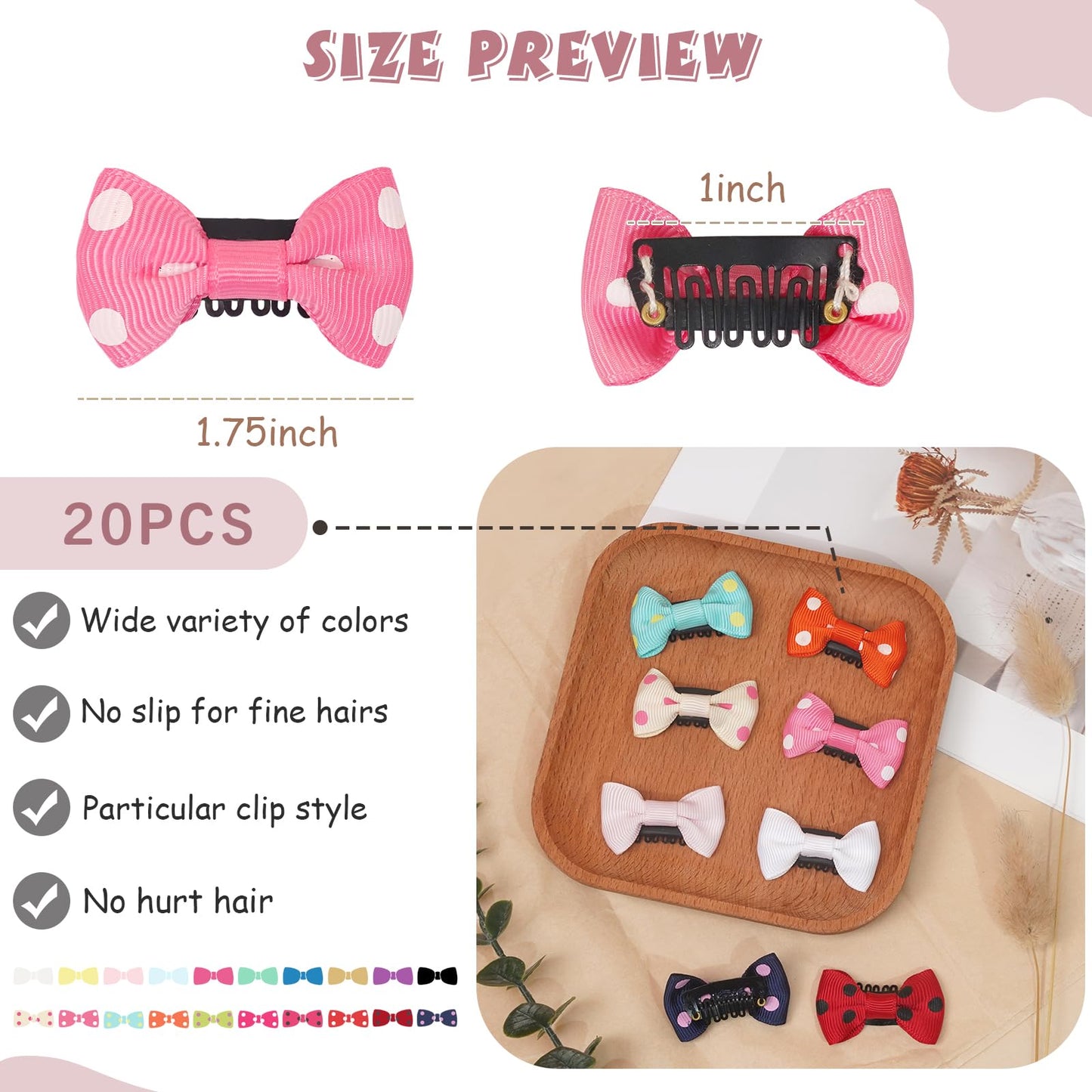 20 Pack Handmade Tiny Hair Clips For Baby Fine Hair 1.75Inch Mini Grosgrain Ribbon Hair Bows Snap Hair Clips Barrettes Hair Acce