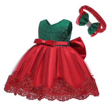 Little Girls Christmas Embroidery Lace Dresses Infant Easter Halloween Wedding Formal Event Dress(Red Green,120) 5-6 Years