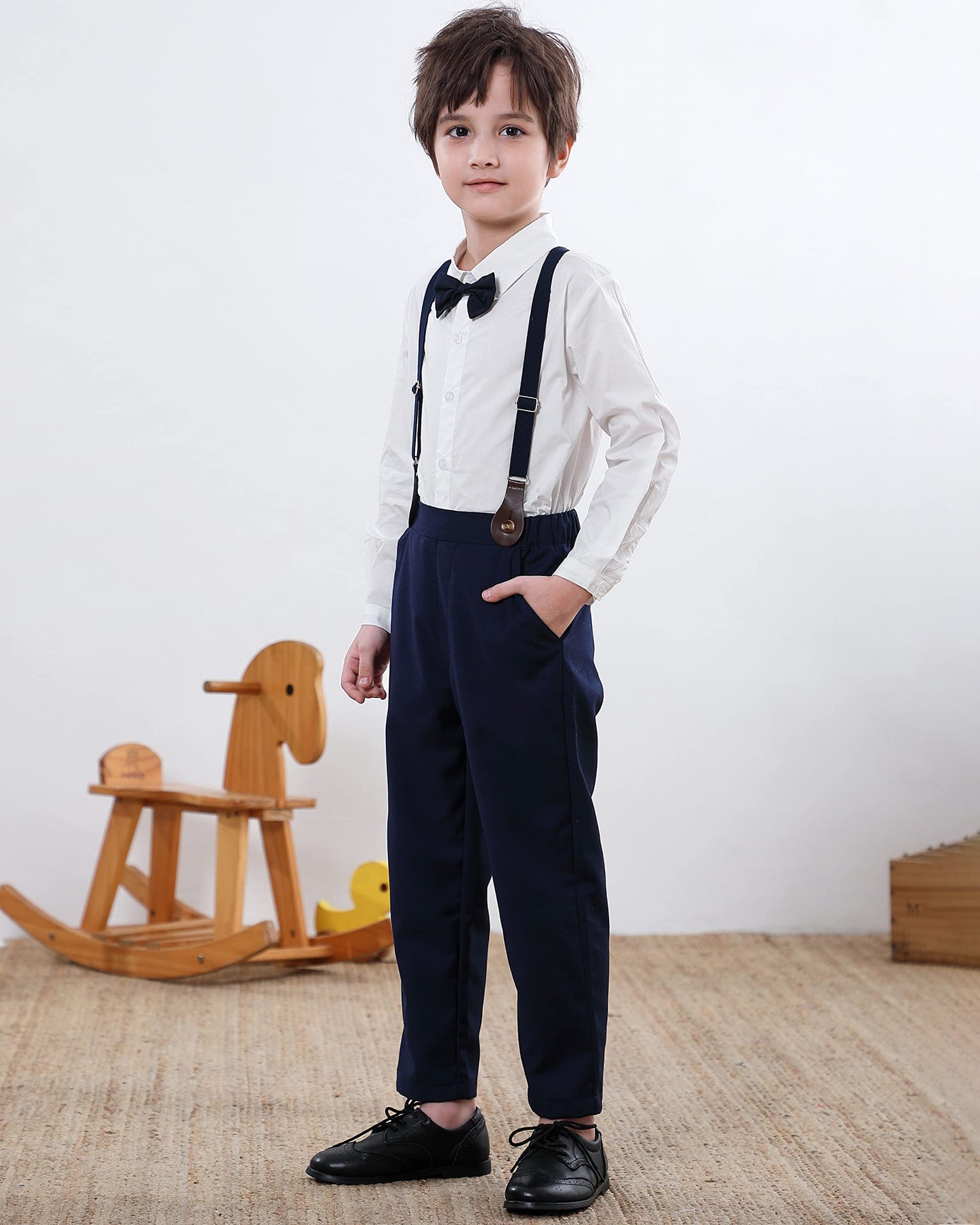 Sangtree Baby Boys Dress Clothes, Toddlers Boys Long Sleeves Button Down Dress Shirt With Bowtie + Suspender Pants Set Gentlemen