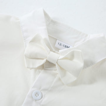 Disaur Toddler Boy Wedding Guest Outfit Short Sleeve White Flower Dress Shirt Bow Tie Suspender White Plaid Pants Baby Formal Ou