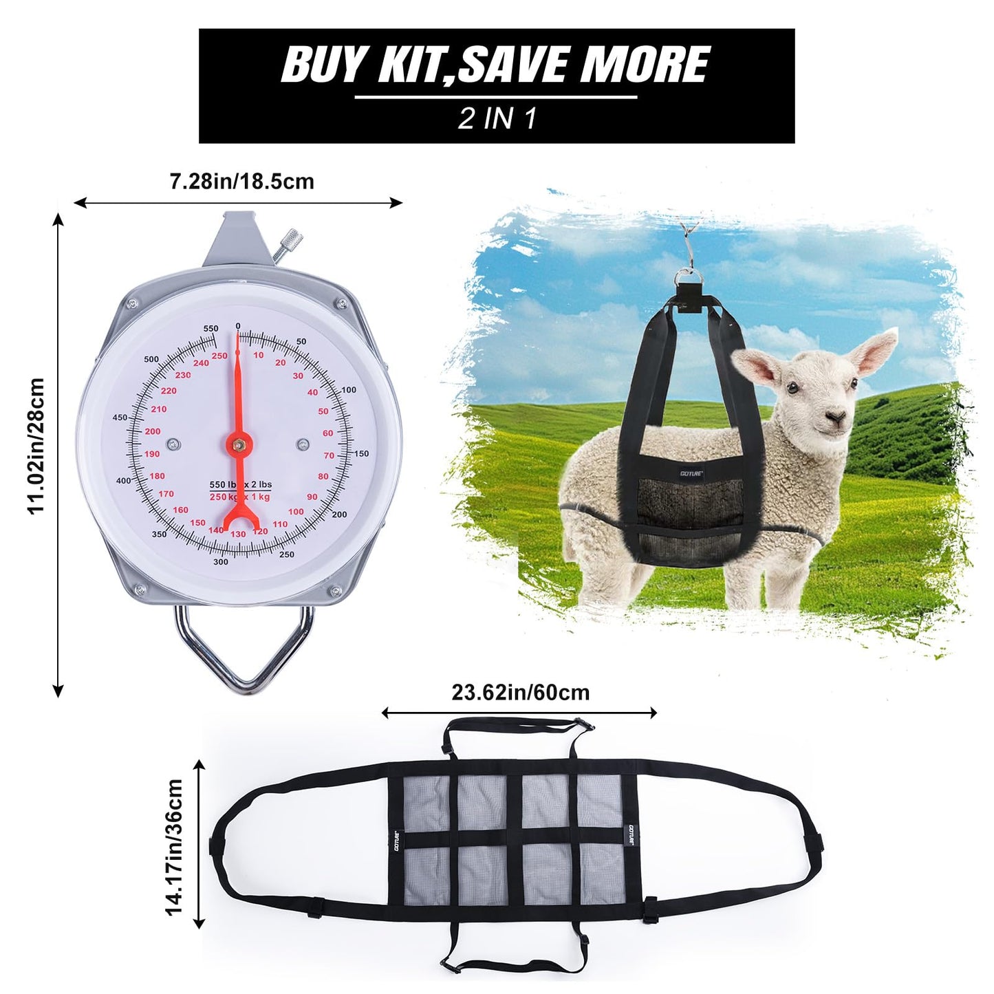 Yogayet Mechanical Hanging Scales 550Lb, Calf Sling And Hanging Weight Scale 2 In 1 Kit, Weighing Sling For Calves Lambs Goats N