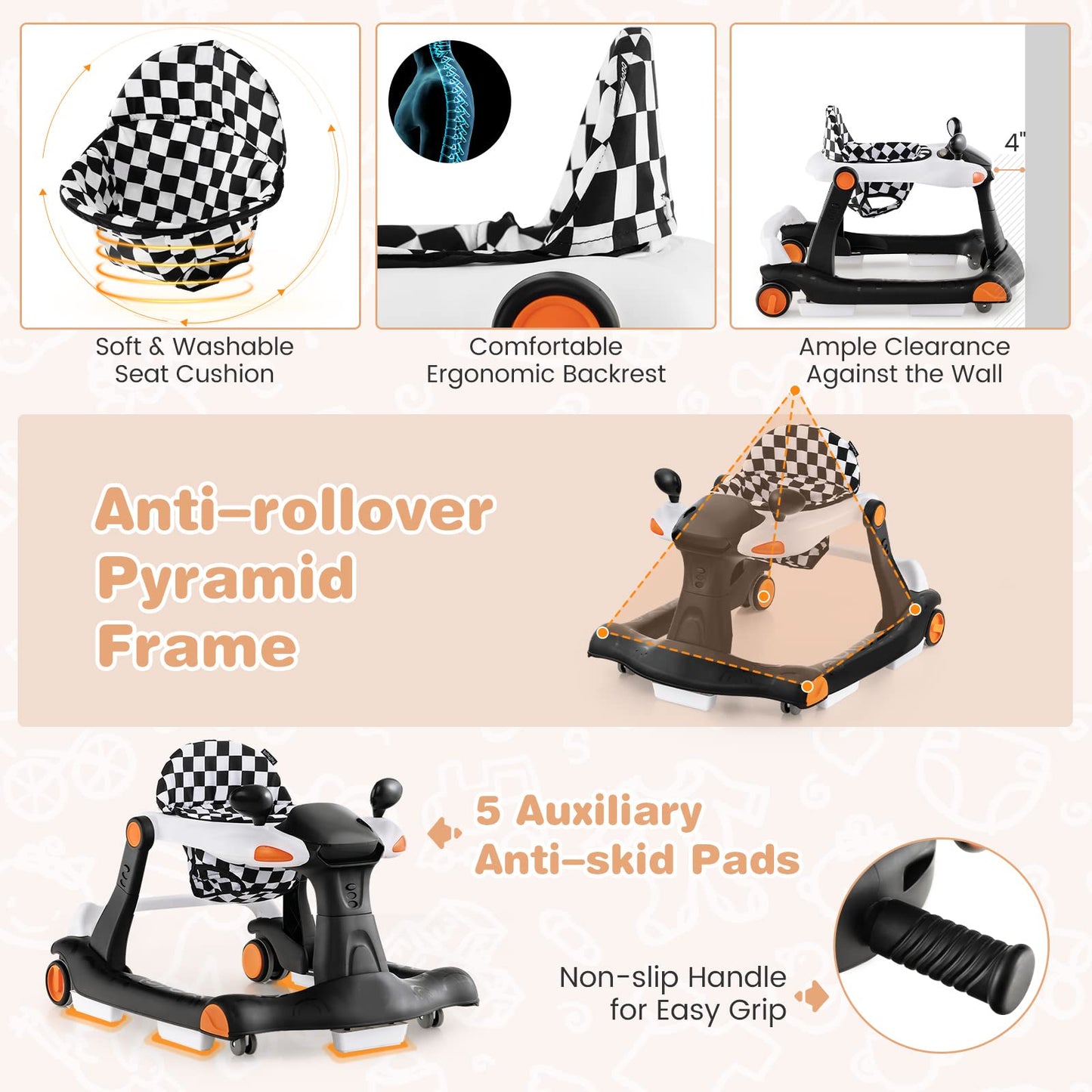 Honey Joy Baby Walker, Foldable Push Learning Walker Toy-Seated & Walk-Behind With Wheels, Adjustable Height, High Back Padded S