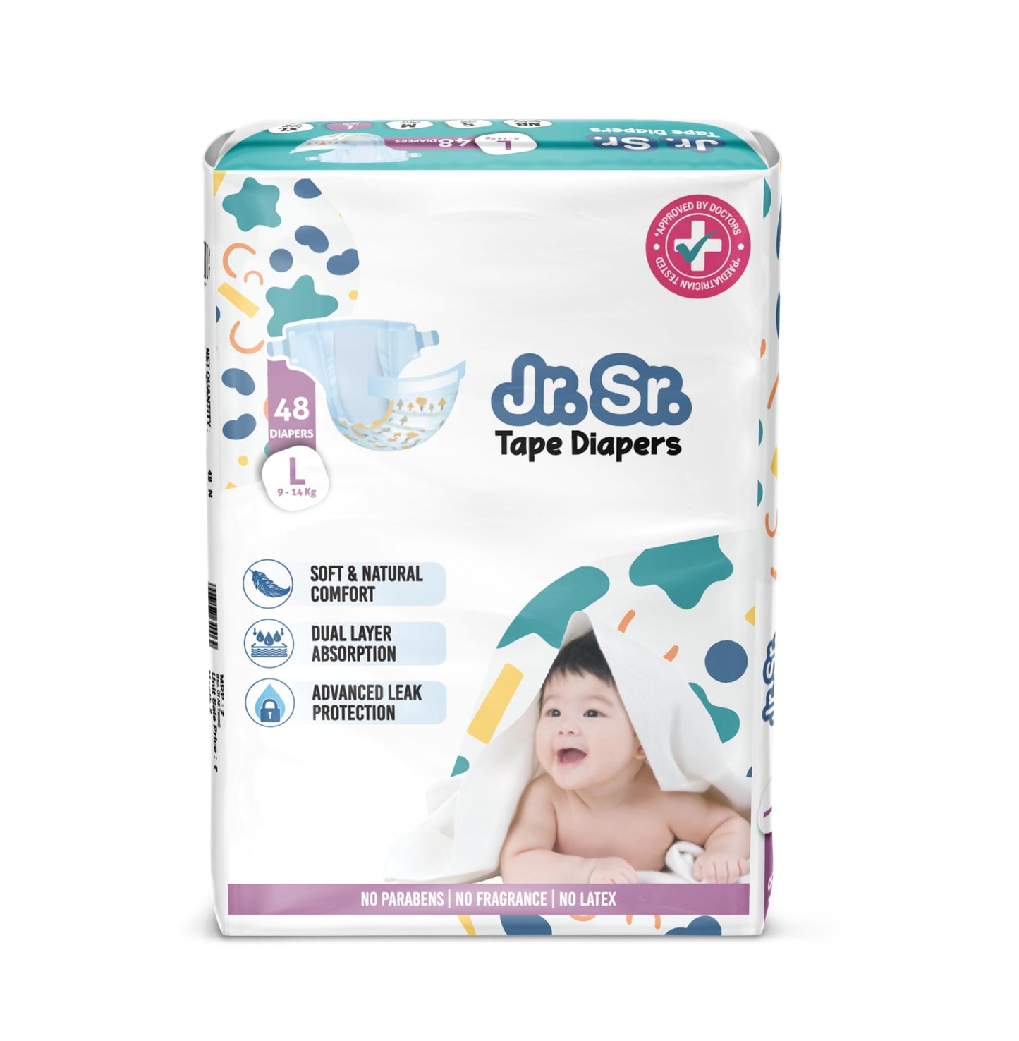 Jr. Sr. Baby Tape Style Diaper | Adjustable Fit For Babies | Large (L) Size (914 Kg), 48 Count | Pack Of 1 | Upto 12 Hr Absorpt