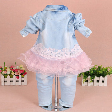 Yao Baby Girls Denim Clothing Sets 3 Pieces Sets T Shirt Denim Jacket And Jeans(Pink, 2-3 Years)