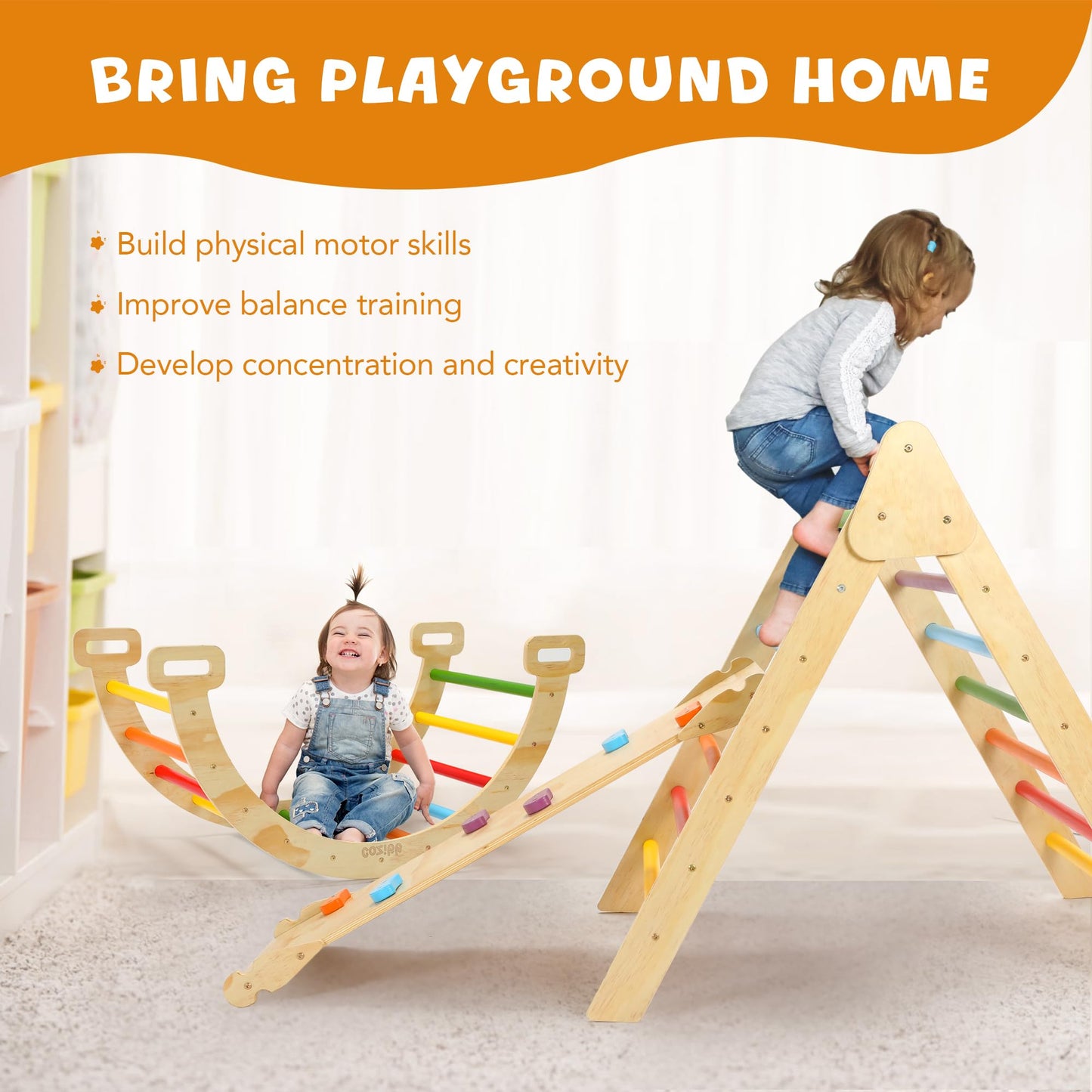 Cozibb Pikler Triangle Set, 5 In 1 Large Wooden Montessori Climbing Toys (Rainbow, Large: 3-6+ Years)