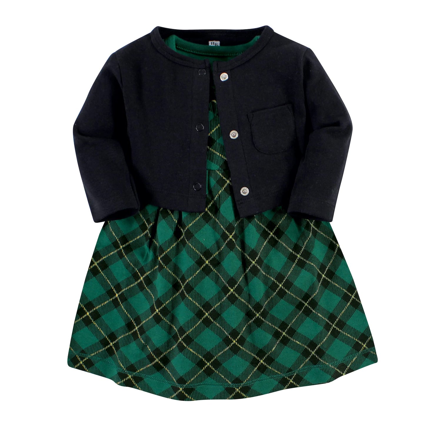Hudson Baby Baby Girls' Cotton Dress And Cardigan Set, Forest Green Plaid, 6-9 Months