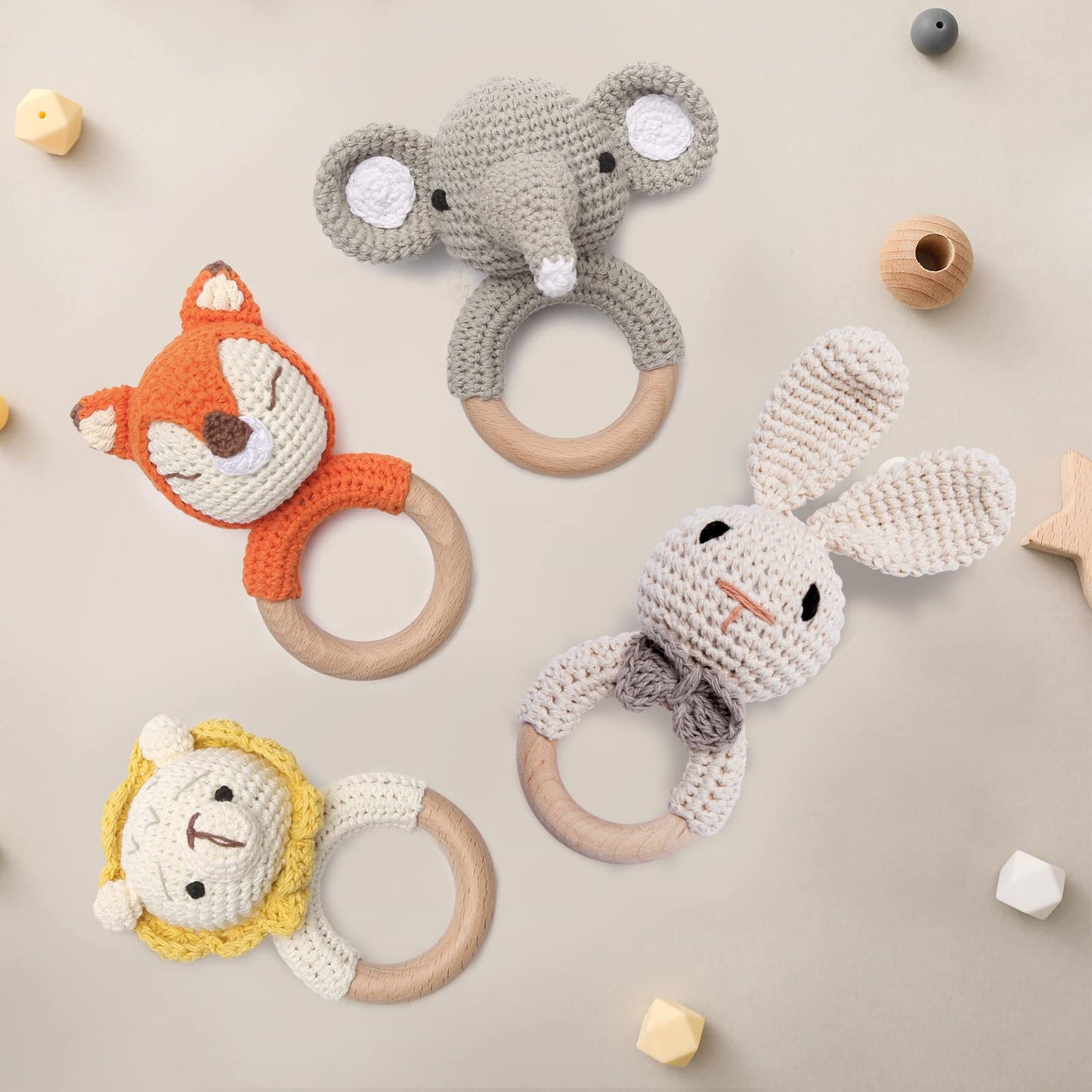 Youuys Wooden Baby Rattle Toys, Easter Bunny Rattle for Baby Crochet Bunny Rattle Toy Natural Wood, Shaker Rattle for Hand Grips