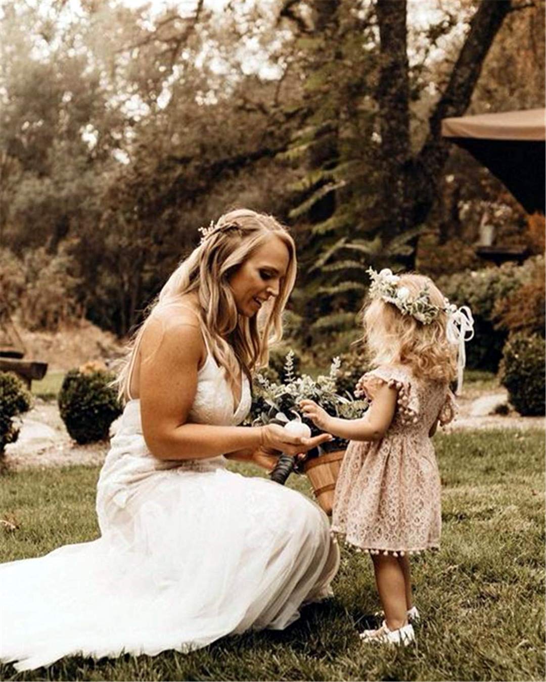 2Bunnies Girl Vintage Lace Pom Pom Trim Birthday Party Dress For Little Kid(Dusty Pink, 5)